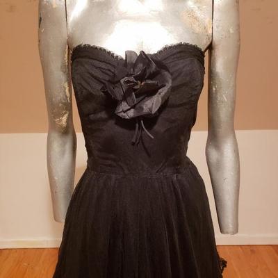 Circa 1920-30's Strapless gown tulle satin and sequins embroidery millinery rose