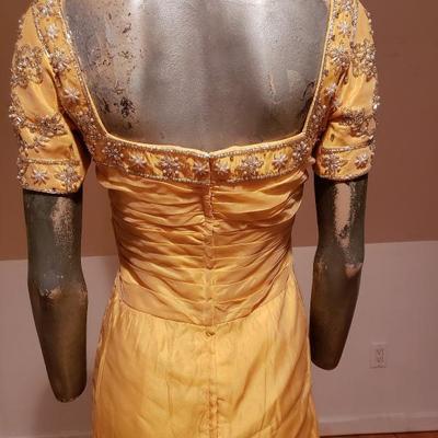 Vintage Canary yellow silk chiffon embellished toga ruched dress 