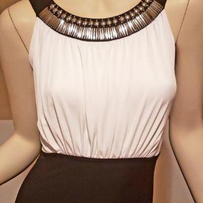 Vtg black & White Color Block maxi embellished Egyptian Revival neckline