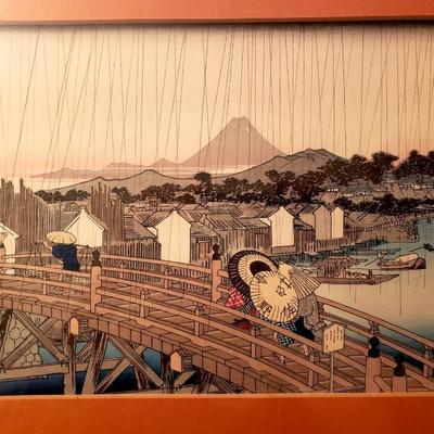 Antique Hiroshige Woodblock print Shower on Nihonbashi Bridge