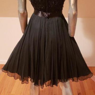 Vtg 1950's Beaded illusion chiffon pleated flare dress Elissa of California