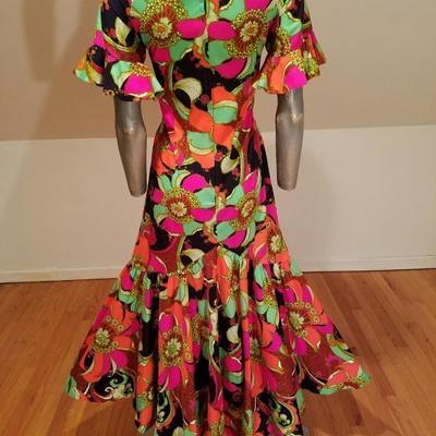 Vtg 1970s Hawaiian psychedelic floral maxi big ruffle hem dress 