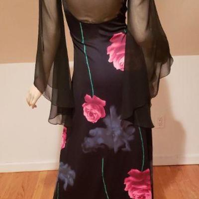 Vtg 70's Rose print Hobo Chic jersey Chiffon Maxi dress angel sleeve Bohemian 