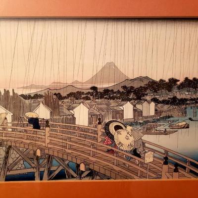 Antique Hiroshige Woodblock print Shower on Nihonbashi Bridge