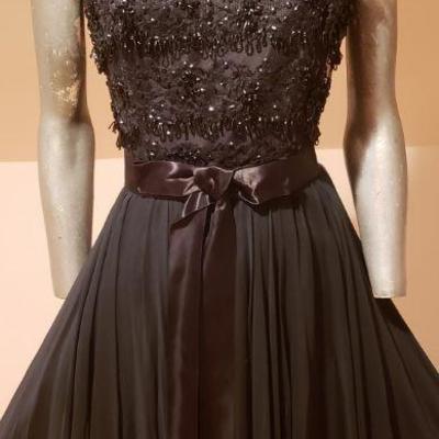 Vtg 1950's Beaded illusion chiffon pleated flare dress Elissa of California