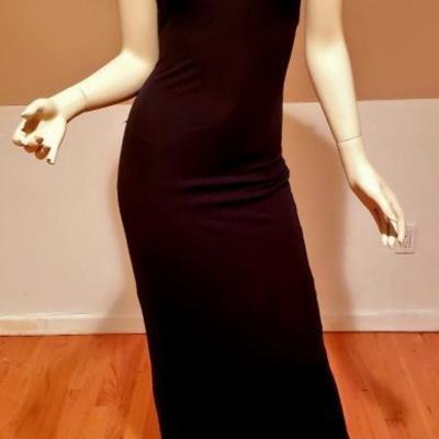 Maxi curvy black gown gold embellished bead neck yoke NWT