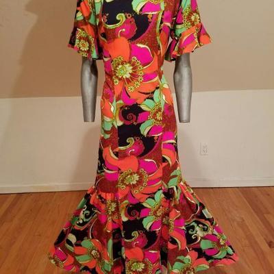 Vtg 1970s Hawaiian psychedelic floral maxi big ruffle hem dress 