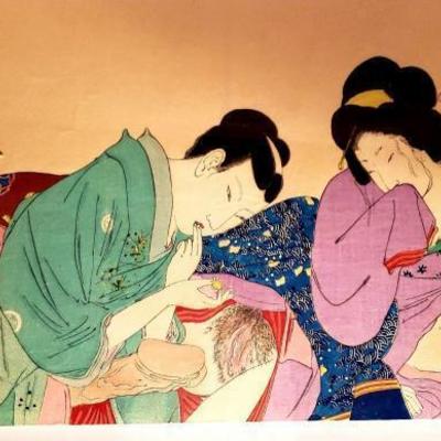 Antique Japanese Shunga Erotic woodblock print Preparing for Love