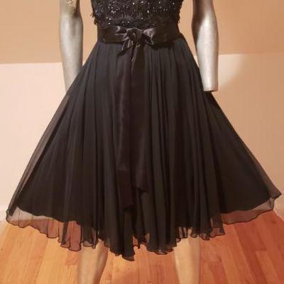 Vtg 1950's Beaded illusion chiffon pleated flare dress Elissa of California