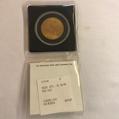 Lot 70 - 1908 St. Gaudens $20 No Motto Gold Coin