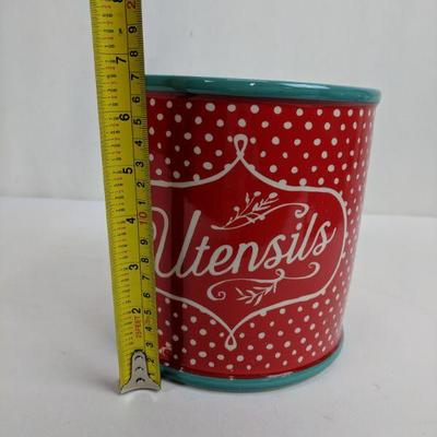 The Pioneer Woman Utensils Holder, Red & White Polka Dot with Turquoise - New
