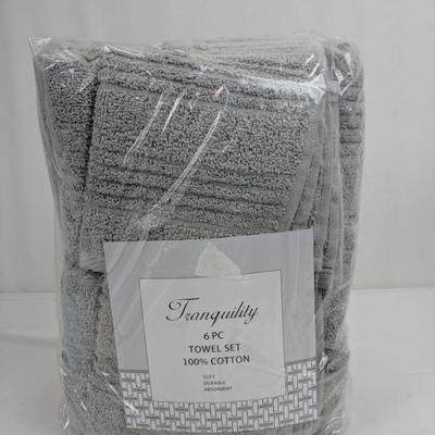 Light Gray 6 PC Towel Set, 100% Cotton, Soft/Durable/Absorbent - New