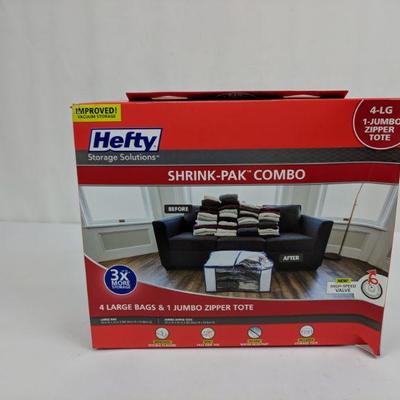 Hefty Shrink-Pak Combo, 4 Large Bags & 1 Jumbo Zipper Tote - New