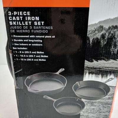 3-Piece Cast Iron Skillet Set, Ozark Trail, 1-8 in, 1-10.5 in, 1-12 in - New