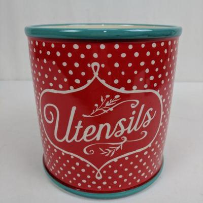 The Pioneer Woman Utensils Holder, Red & White Polka Dot with Turquoise - New