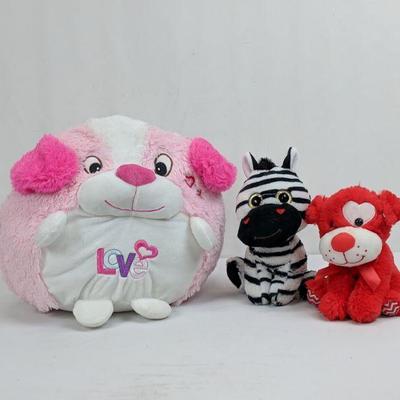 3 Valentine Plush Animals, LOVE Pink Dog , Zebra & Red Dog - Used