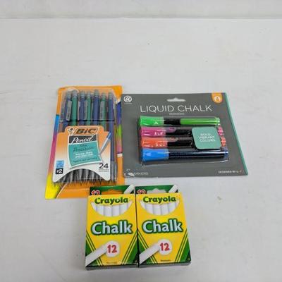 Bic Pencils (24), Liquid Chalk (4), 2 Pks Chalk (12 PC each) - New