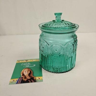 Pioneer Woman Adeline Glass Cookie Jar, Turquoise - New