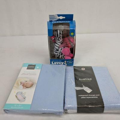 Baby Lot, Blue Bassinet Sheet, Change Pad, Pacifier Holder Dr Browns - New