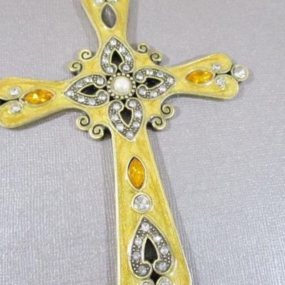 Heavy Large Enamel Cross with Pearl and Clear Rhinestones 5x4