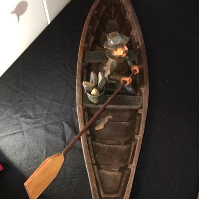 Wooden Fishing Boat with Man Fishing - Hand Carved