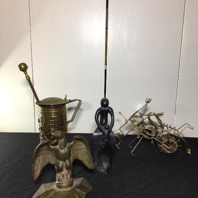 Brass Eagle Door Stop, Copper Stein, Marble woman w/Child & Wire Motorcycle