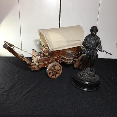 Unique Wood Wagon with Lamp & Army Soldier Sculpture/Figurine