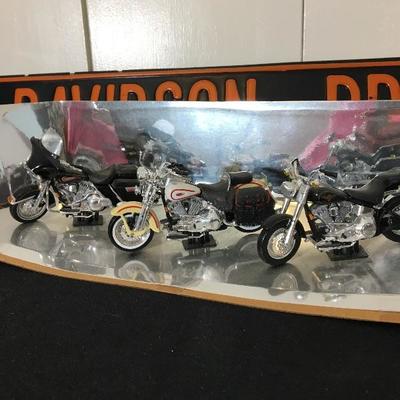 Harley Davidson Metal Sign, Set of 4 Mini Collector Bikes, Helmet