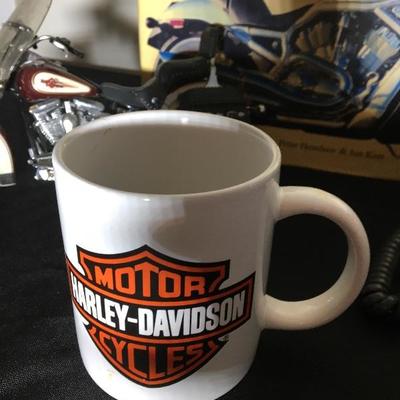 Harley Davidson Hardcover book, telephone, mug and collector bike