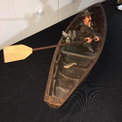 Wooden Fishing Boat with Man Fishing - Hand Carved