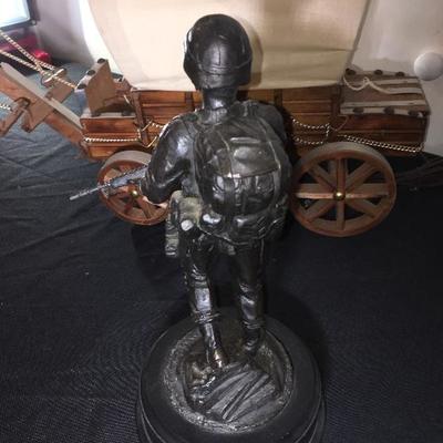 Unique Wood Wagon with Lamp & Army Soldier Sculpture/Figurine