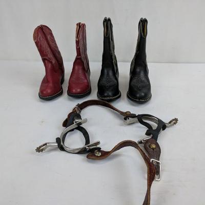 Kids Cowboy Boots & Spurs, Red Size 8 1/2 & Black Size 10