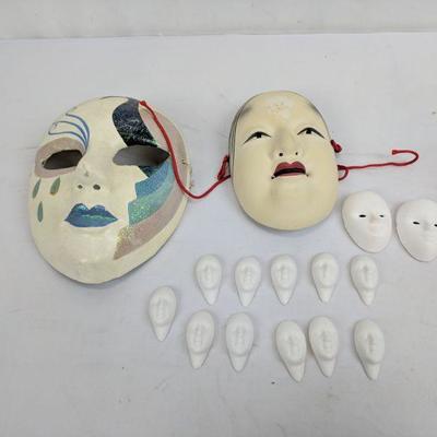 Mask Lots, 2 Painted Masks, 13 Plain Masks (needs to painted) - New