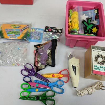 Craft Lot, Ribbon, Glue Gun, Pom Poms, Beads, Rubber Stamps, Etc