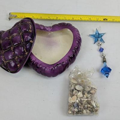 Purple Ceramic Heart, Blue Hanging Ornament, Mini Seashells