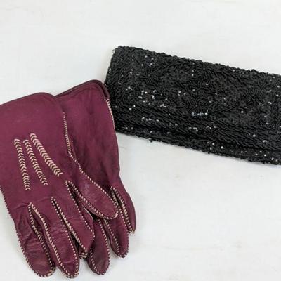 Small Black Beaded Clutch & WIne/Raspberry Gloves (Small)