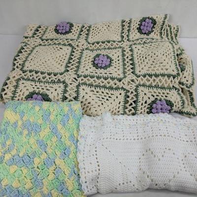 3 Blankets, Crocheted Blankets, 1 Large, 2 Baby