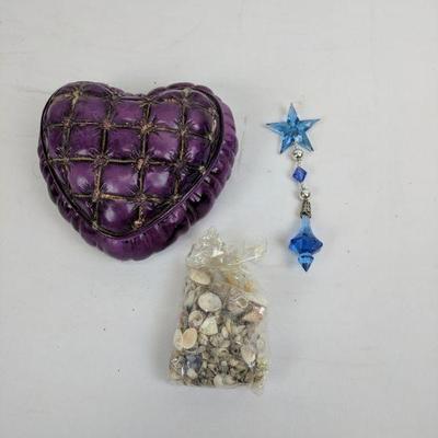 Purple Ceramic Heart, Blue Hanging Ornament, Mini Seashells
