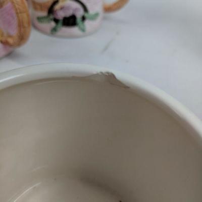 Unique Girl Coffee & Cookie Jars, 5 Mugs, Cookie Lid Has Chip & 1 Mug Has Chip