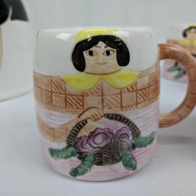 Unique Girl Coffee & Cookie Jars, 5 Mugs, Cookie Lid Has Chip & 1 Mug Has Chip