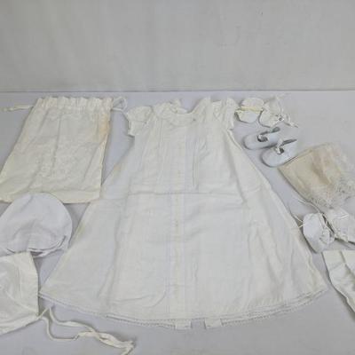 Baby Blessing/Christening Dress, Shoes, Hats, Bag, Very Yellowed