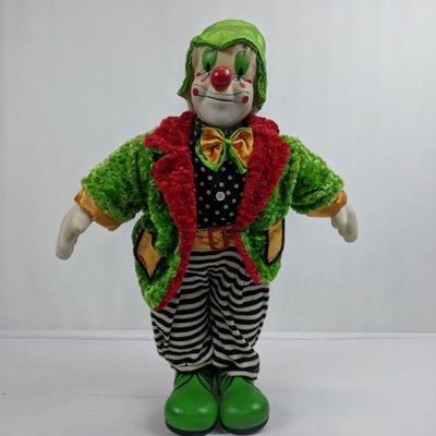 Large Porcelain Clown w/Stand, Green Jacket & Hat