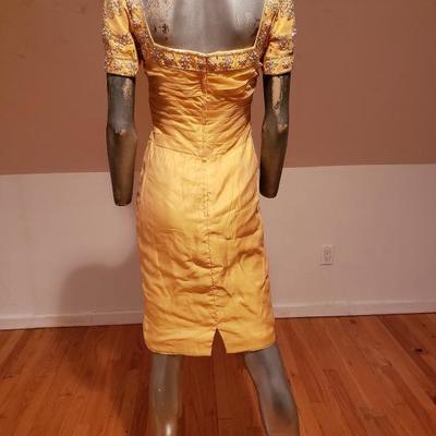 Vintage Canary yellow silk chiffon embellished toga ruched dress 