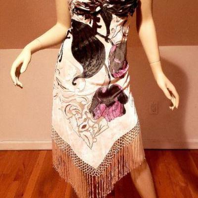 Vtg Hobo Chic New Orleans silk Designer burnout fringed high low dress
