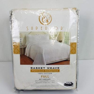 Superior Basket Weave Matelasse Bedspread 2 Pillow Shams, Full Size, Black - New
