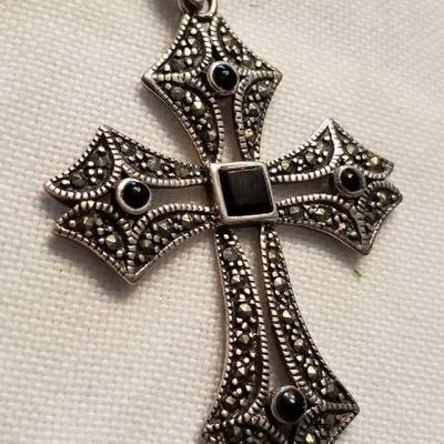 Sterling, marcasite and onyx cross