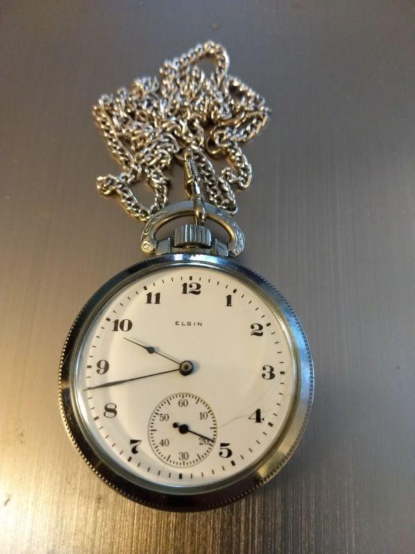 Elgin Base Metal Pocket Watch with Chain