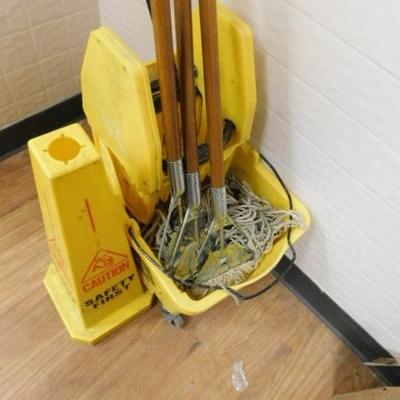 Commercial Janitorial Mop Bucket, Mops Handles, and Wet Floor Cone
