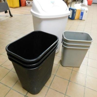 Set of Seven Trash Receptacles of Various Size and Color