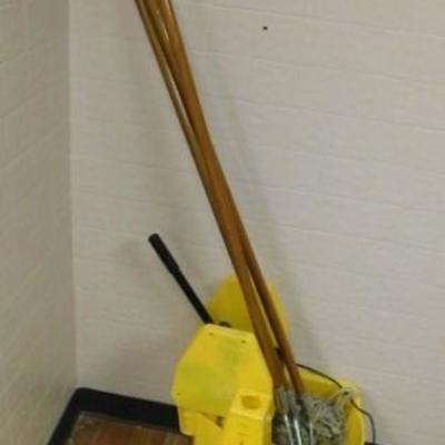 Commercial Janitorial Mop Bucket, Mops Handles, and Wet Floor Cone